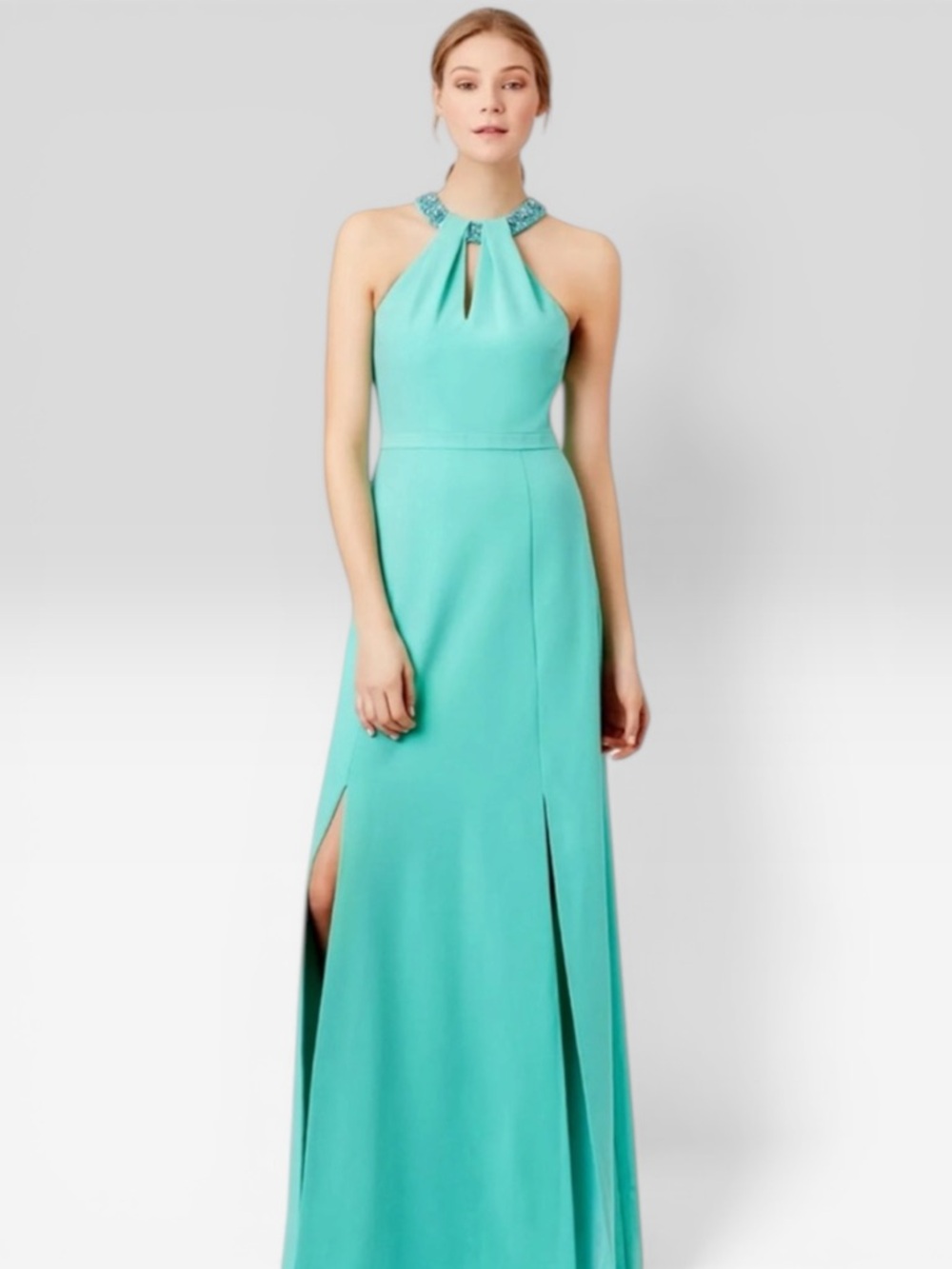 RAOUL | Hannah Embellished Neckline Sleeveless Maxi Dress/Gown in Aqua Crepe, 4